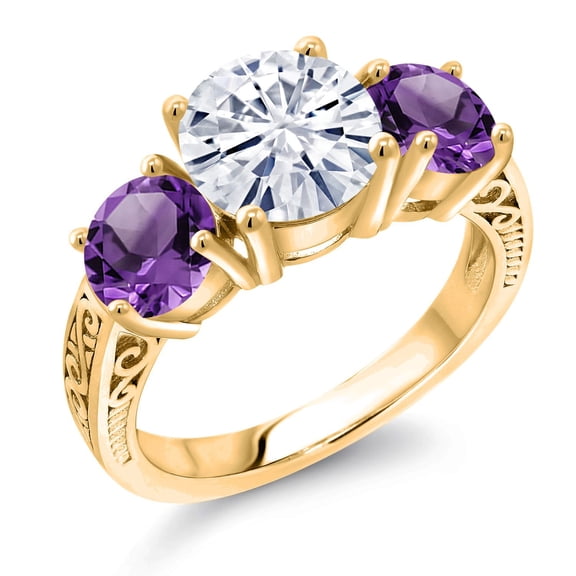 Gem Stone King 18K Yellow Gold Plated Silver White Moissanite and Purple Amethyst Engagement Ring for Women | 3.90 Cttw | Round 8MM | Gemstone Birthstone | Size 5