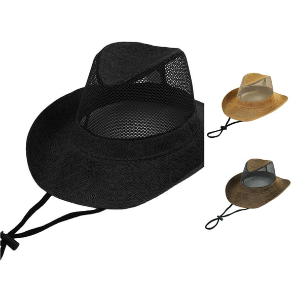 XIAOCHA Mens Mesh Cowboy Hat Wide‑Brim Sun Hat Summer Outdoor Boonie Hat,Black