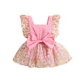 thumbnail image 1 of Kmbangi Robe Barboteuse d'Été pour Bébé Fille, Manches Volantées, Encolure Carrée, Imprimé Floral, Nœud, Tulle Patchwork, Robes pour 0-24 m, 1 of 9