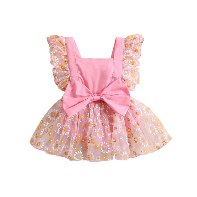 Kmbangi Robe Barboteuse d'Été pour Bébé Fille, Manches Volantées, Encolure Carrée, Imprimé Floral, Nœud, Tulle Patchwork, Robes pour 0-24 m