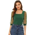 thumbnail image 1 of Blusa Vintage Con Cuello Cuadrado Para Mujer, Ajustada, Semitransparente, Con Mangas Abullonadas De Malla 3/4 Verde Oscuro XL, 1 of 5