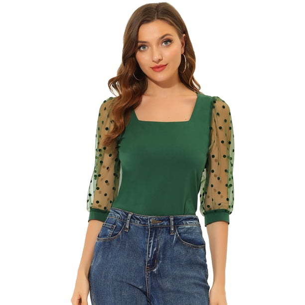 Blusa Vintage Con Cuello Cuadrado Para Mujer, Ajustada, Semitransparente, Con Mangas Abullonadas De Malla 3/4 Verde Oscuro XL