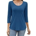 thumbnail image 2 of Liher Women Fall Top 3 4 Sleeve Trendy V Neck T-shirts Lightweight Stretchy Blouse Navy Blue Tee Clothes Size M, 2 of 4