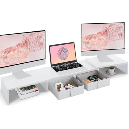 Dual Monitor Stand Riser - Length and Angle Adjustable White Monitor Stand with 2 Drawers to Storage Large Computer Riser for 2 Monitors/Laptop/PC, Wood Screen/TV Stand Desk Organizer (White)