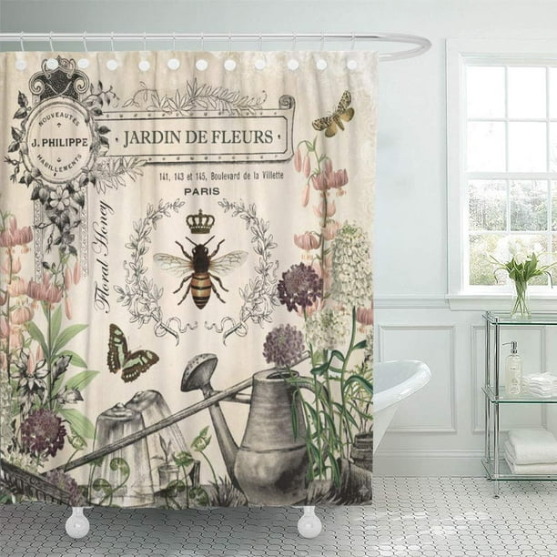 Atabie Modern French Bee Garden Vintage, French Country Fabric Shower Curtains