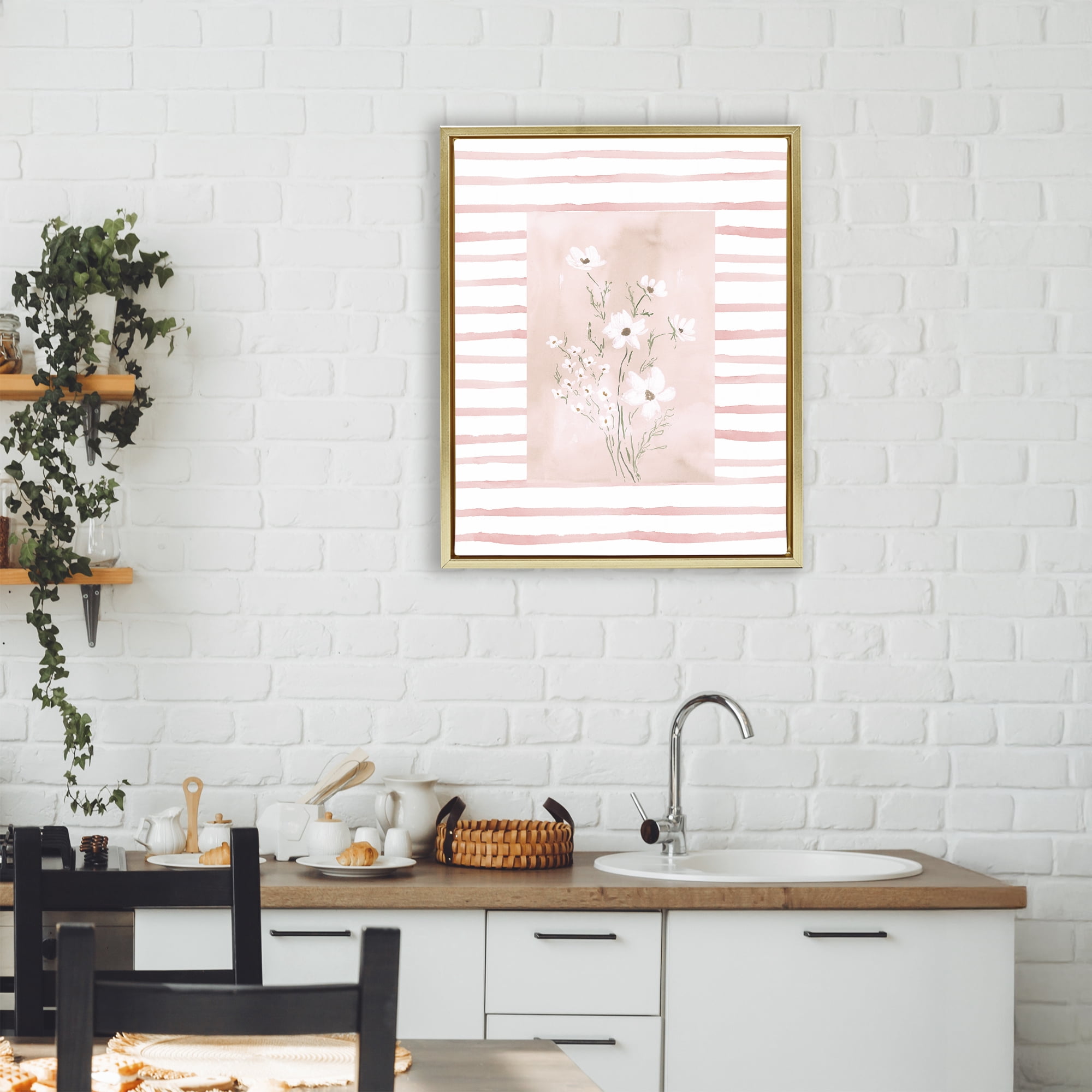 Stupell Industries White Cosmos on Pink Stripes Gold Framed Floater Canvas Wall Art, design by Lucille Price