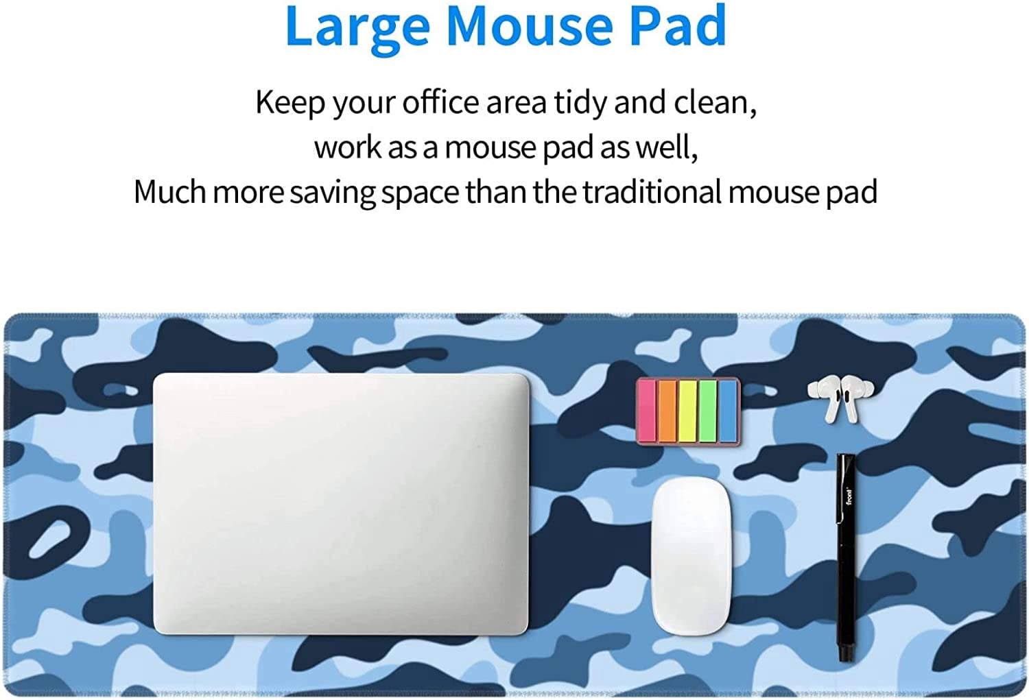Navy Blue Camo Gaming Mouse Pad XL, Extended Stitched Edges Mousepad, Large Mouse Mat Desk Pad, Long Non-Slip Rubber Base Mice Pad（31.5x12 Inch）