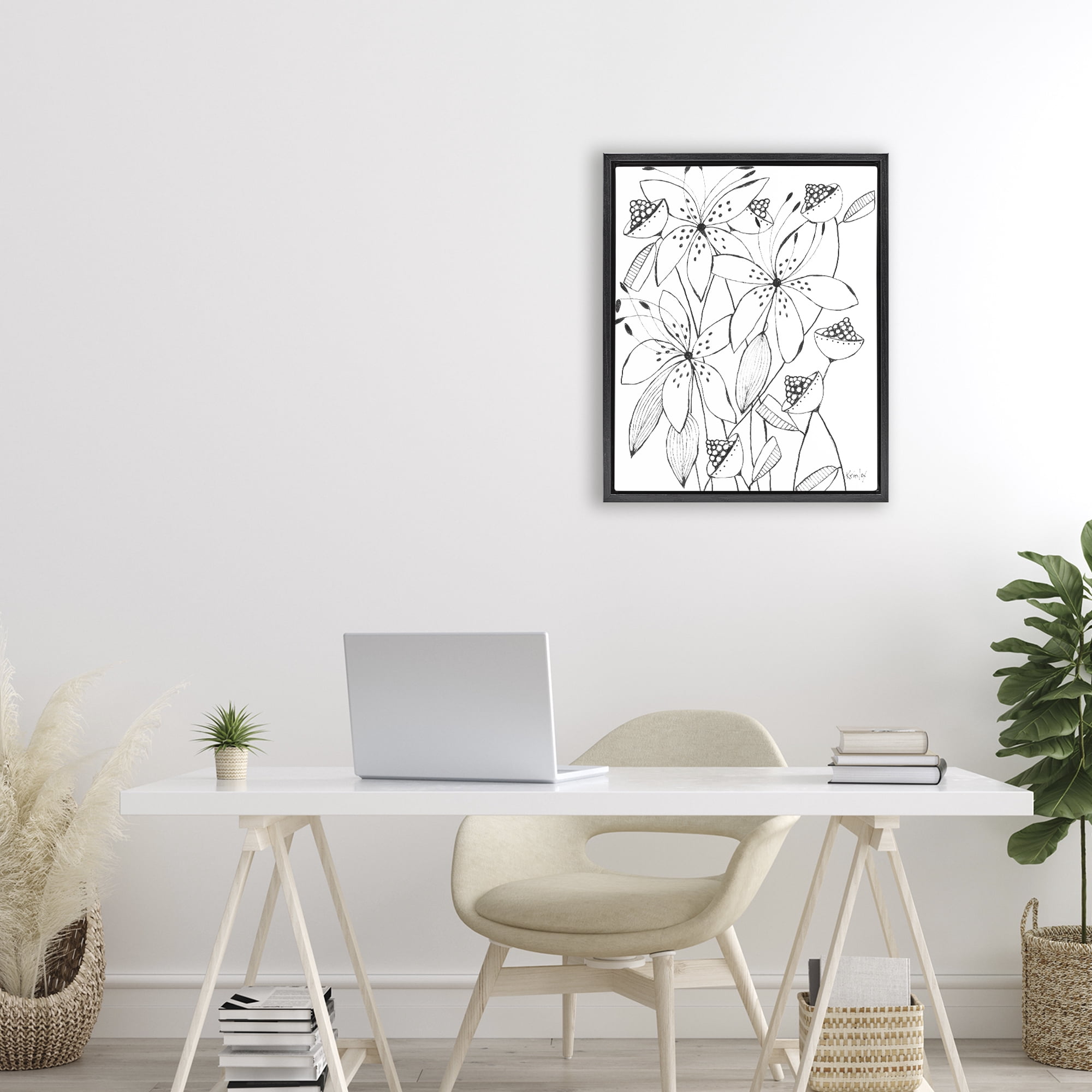 Stupell Industries Open Blooms Outline Black Framed Floater Canvas Wall Art, design by Krinlox