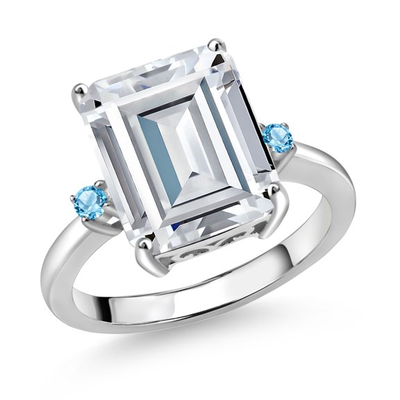 Gem Stone King 925 Sterling Silver Swiss Blue Topaz Ring Set with Moissanite (7.44 Cttw) (Size 5)