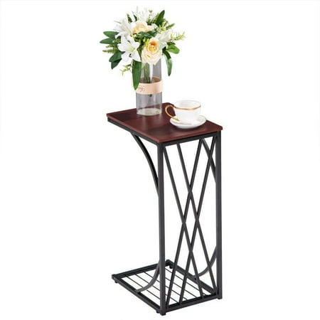 C Shaped End Table Living Room TV Tray End Table with Metal Frame Design
