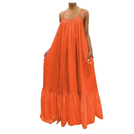 

Formal Dresses for Women Plus Size Dress for Women Women Fashion Casual Solid Strap Dress Pocket Loose Fit Backless Big Swing Dress on Clearance Dress Pants Women Flower Girl Dress Orange M