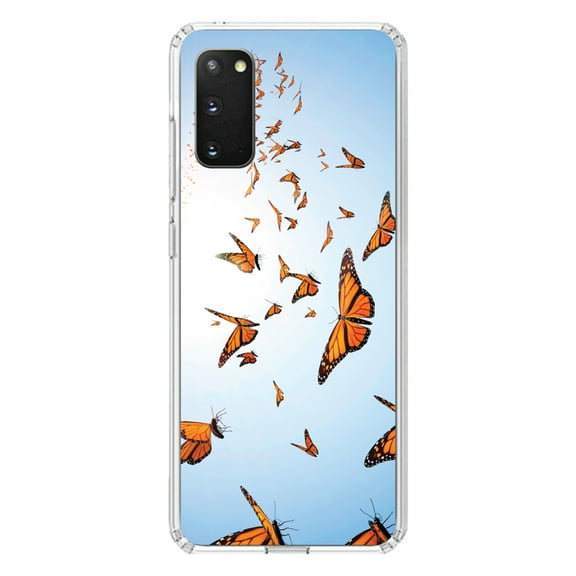 DistinctInk Clear Shockproof Hybrid Case for Galaxy S20 / S20 5G (6.2" Screen) - TPU Bumper, Acrylic Back, Tempered Glass Screen Protector - Flying Monarch Butterflies