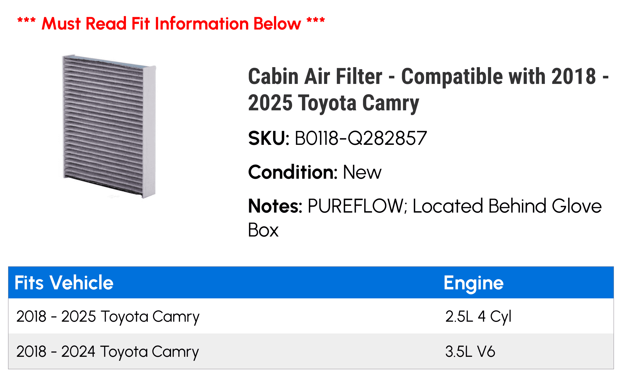 Cabin Air Filter - Compatible with 2018 - 2025 Toyota Camry 2019 2020 2021 2022 2023 2024