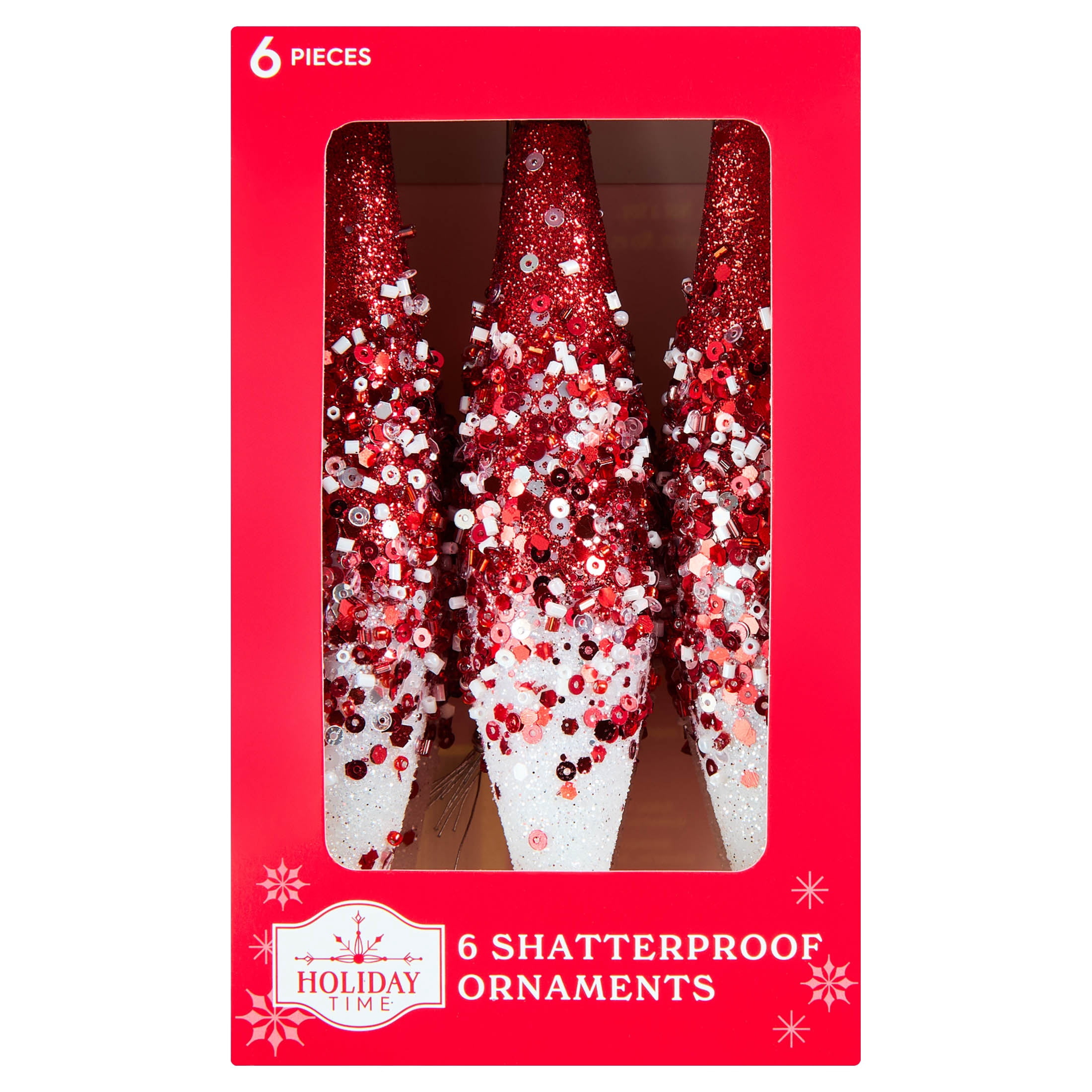 6-Count Red and White Glitter Ombre Finial Shatterproof Christmas Ornaments, 6.1", by Holiday Time