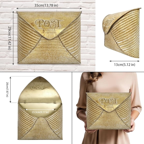 Wall Mount Mailbox for House Outside,5" D x 13.8" W x 11.2" H,Vintage Metal Door Mailbox Antique Style Nostalgic Charm Home Decor Garden Vintage English Cottage Decor(Gold)