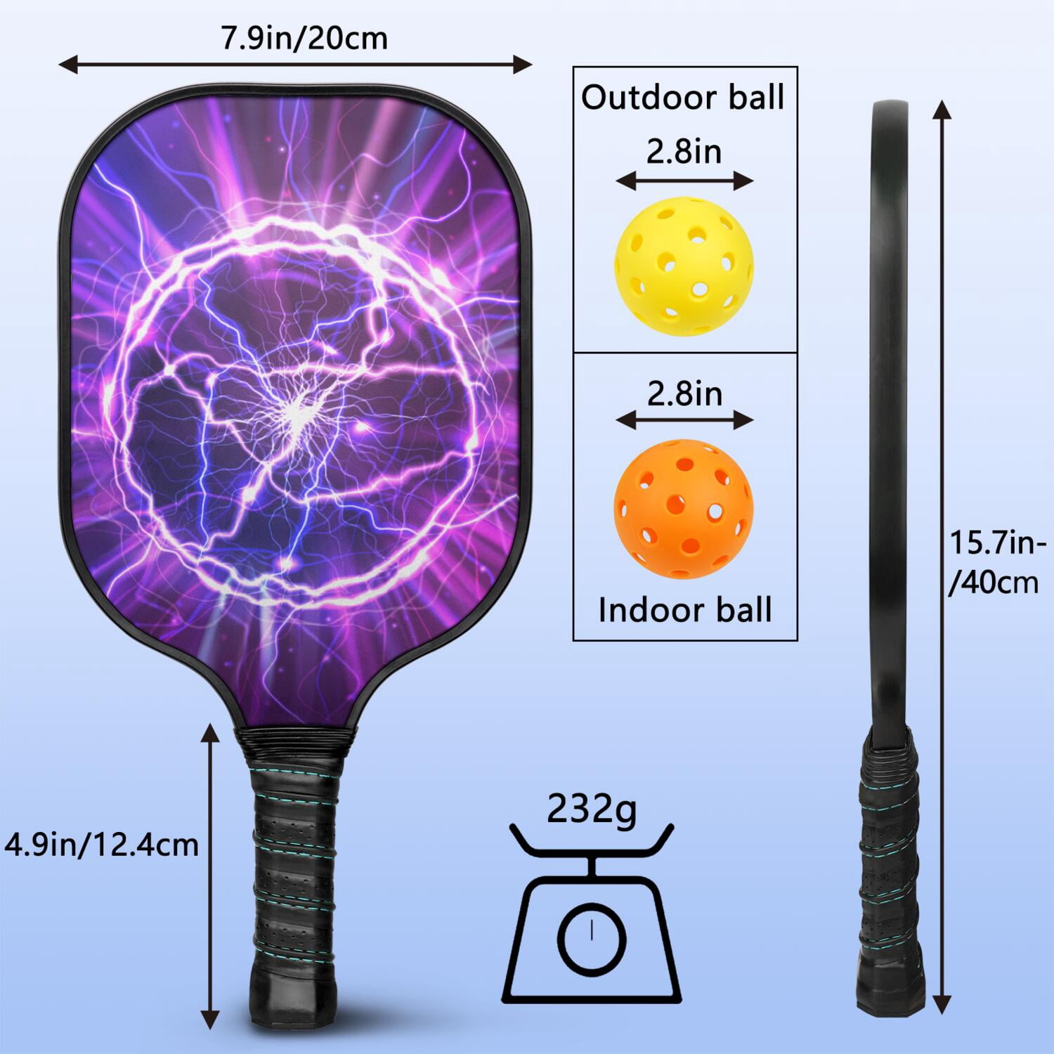 Pickleball Paddles Set Of 1, Fiberglass Surface, Speed, Lightning, Thunder Print, 1 Paddle, 2 Balls & Bag
