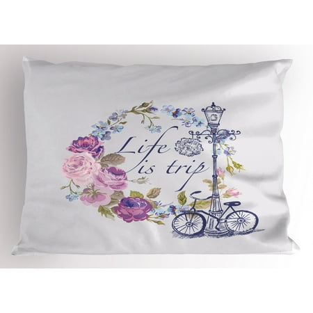 20 Inch Decorative Pillows Shabby Chic Pillow Sham Life is a Trip Inspirational Quote Romantic Floral Wreath and Retro Bicycle, Decorative Standard Size Printed Pillowcase, 26 X 20 Inches, Multicolor, by Ambesonne ()