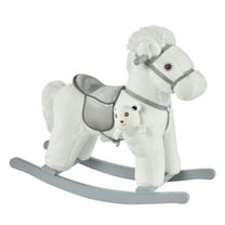 Kids Plush Ride-On Rocking Horse with Bear Toy, Children Chair with Soft Plush Toy & Fun Realistic Sounds, White