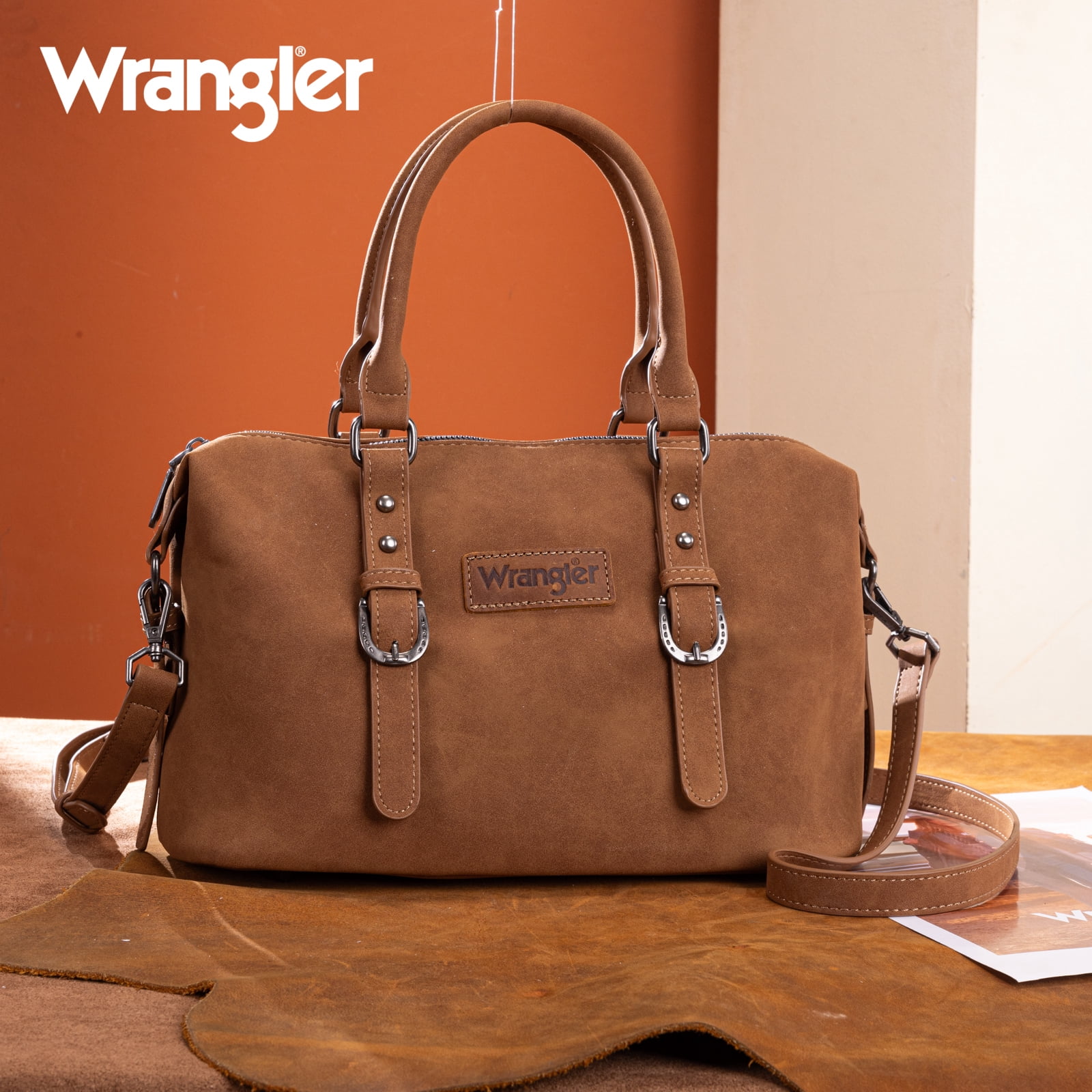 Wrangler Suede Doctor Bag Top Handle Purse Satchel Handbags Suede Crossbody Barrel Handbags for Women, Brown