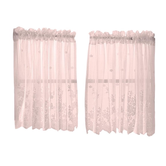 Juego de cortinas de gasa transparente bordadas para cocinas pequeñas, bares y baños. Rosa-2 niveles-74x61cm