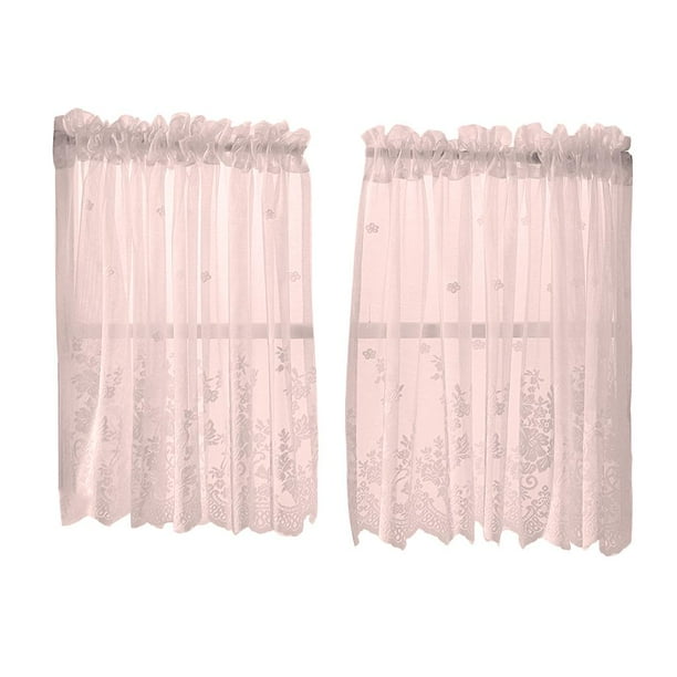 Juego de cortinas de gasa bordadas para ventanas, cafeterías, baños y lavandería. Rosa-2 niveles-74x61cm