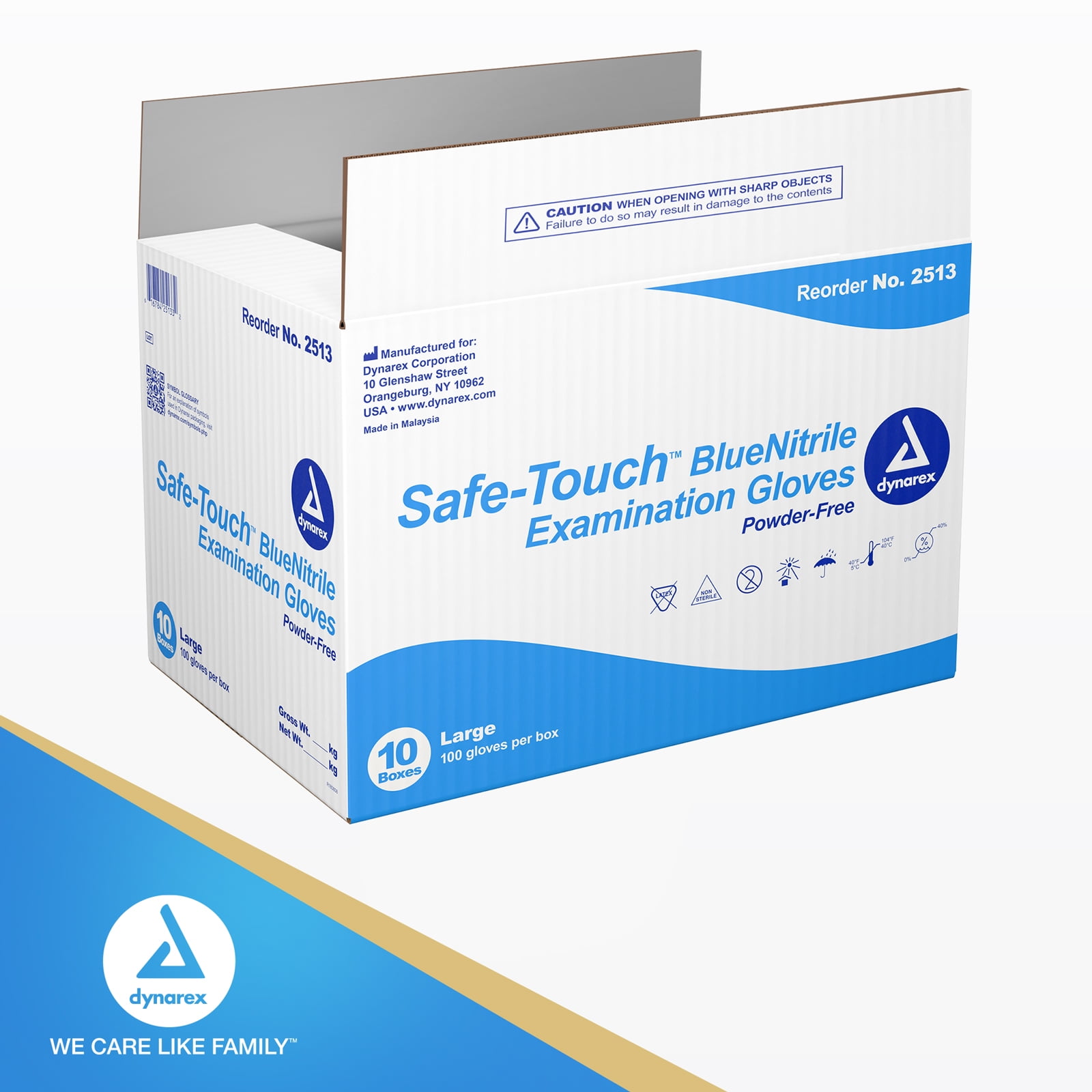 Dynarex Safe-Touch Disposable Nitrile Exam Gloves, Powder-Free, Latex-Free, Touchscreen Friendly & Used by Professionals, Blue, Large, 1 Case of 1000 (10 Boxes of 100/Box)