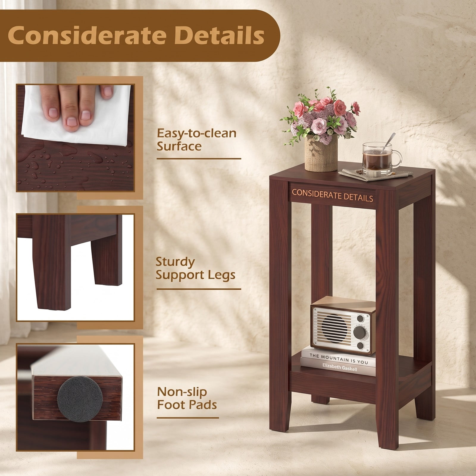 Furnibear Set of 2 2-Tier End Tables with Storage Shelf, Compact Wood Side Table Nightstand for Living Room Bedroom Small Spaces, Sofa Couch Bedside Accent, Brown