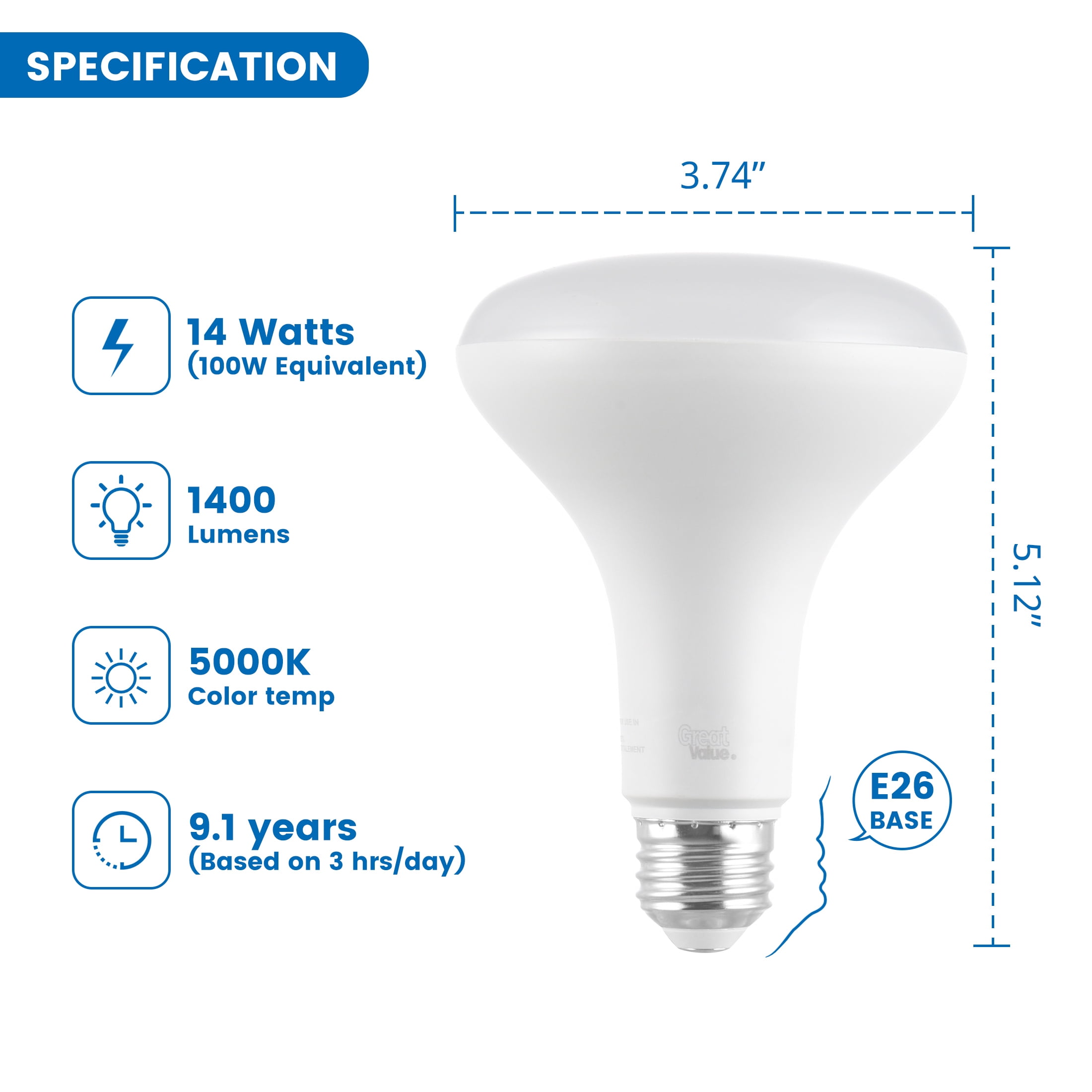 (4 pack) Great Value BR30 LED Floodlight Bulb, 14-Watt (100W Equivalent) Dimmable Daylight E26 Base, 4 Pack