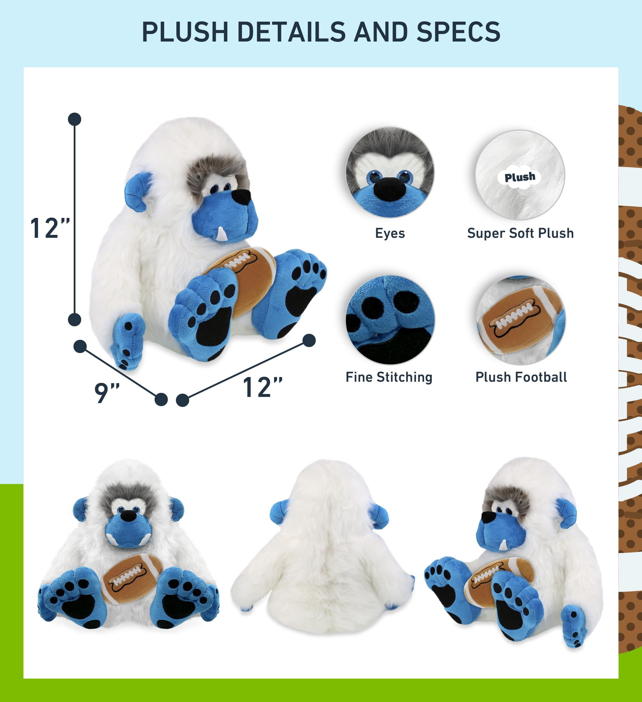 DolliBu Super Soft Yeti Stuffed Animal with Football Plush - Soft Huggable Yeti, Adorable Playtime Plush Toy, Cute Mountain Life Gift Doll Animal Toy for Kids and Adults - 12 Inches