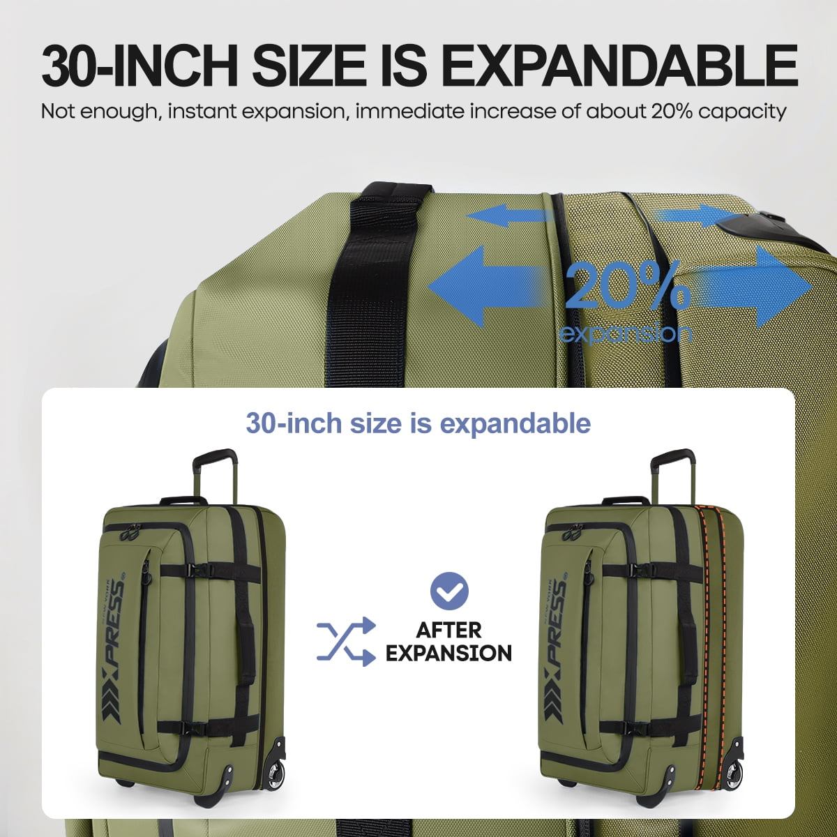 3 Piece Softside Luggage Set, Expandable Suitcases with Wheels, Heavy-Duty Waterproof Travel Bags, 20/26/30 in, Army Green - TA069