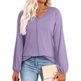 thumbnail image 2 of Women's V Neck Sweatshirts Quilted Oversized Shirts Long Sleeve Solid Color T-Shirts Tops Fall Lightweight Blouses (XL, Purple), 2 of 5