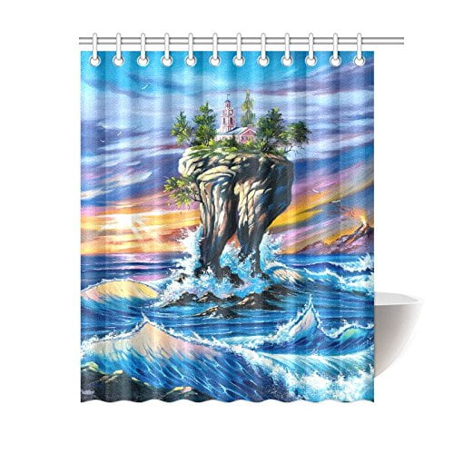 Bpbop Sunsea Ocean Waves Shower Curtain Hooks 60x72 Inches Blue Colorful Fabric Scene Castle Trees On Rocks With Flapping Com Bpbop Sunsea Ocean Waves Shower Curtain, Ocean Scene Shower Curtains