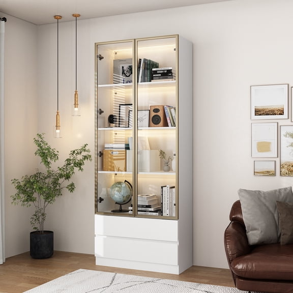 KULAGAGA Display Cabinet with 2 Glass Doors and Lights, Display Case Cabinet with 4-Tier Storage Shelves and 2 Drawers, Pop-up Design, White and Champagne Gold (31.5”W x 14.2”D x 78.7”H)