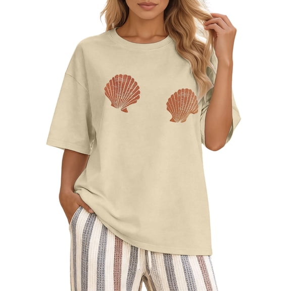 T Shirts For Women Fashion Tees Tops Casual Graphic Print Short Sleeve Crewneck Basic Slim Undershirts Beige