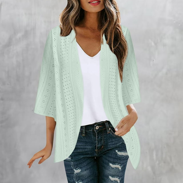 AherBiu Cardigan Femme Manches 3/4 Léger Printemps Été Automne 2025 Mode Décontracté Doux Confortable Ouvert devant Vestes