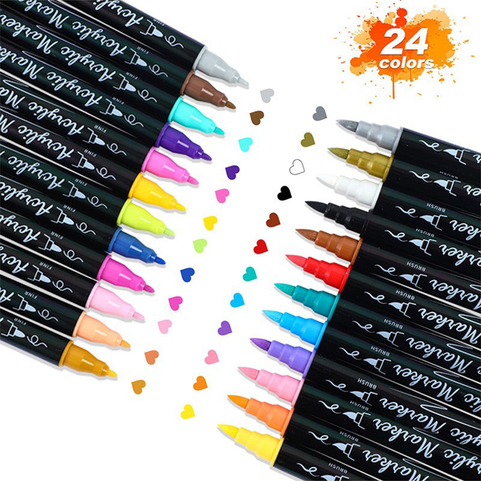 Acrylic Paint Markers 24 Colors Waterproof Opaque Dual Brush Tip Pens for Nail Art DIY Crafts Painting Lettering on Various Surfaces