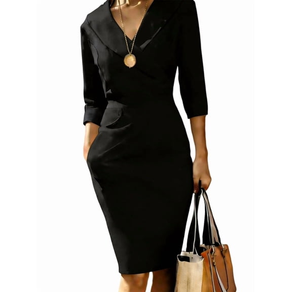 Women'S Work Dress 3/4 Sleeve V Neck Bodycon Sheath Dress Zipper Up Office Business Dresses with Belt Black XL