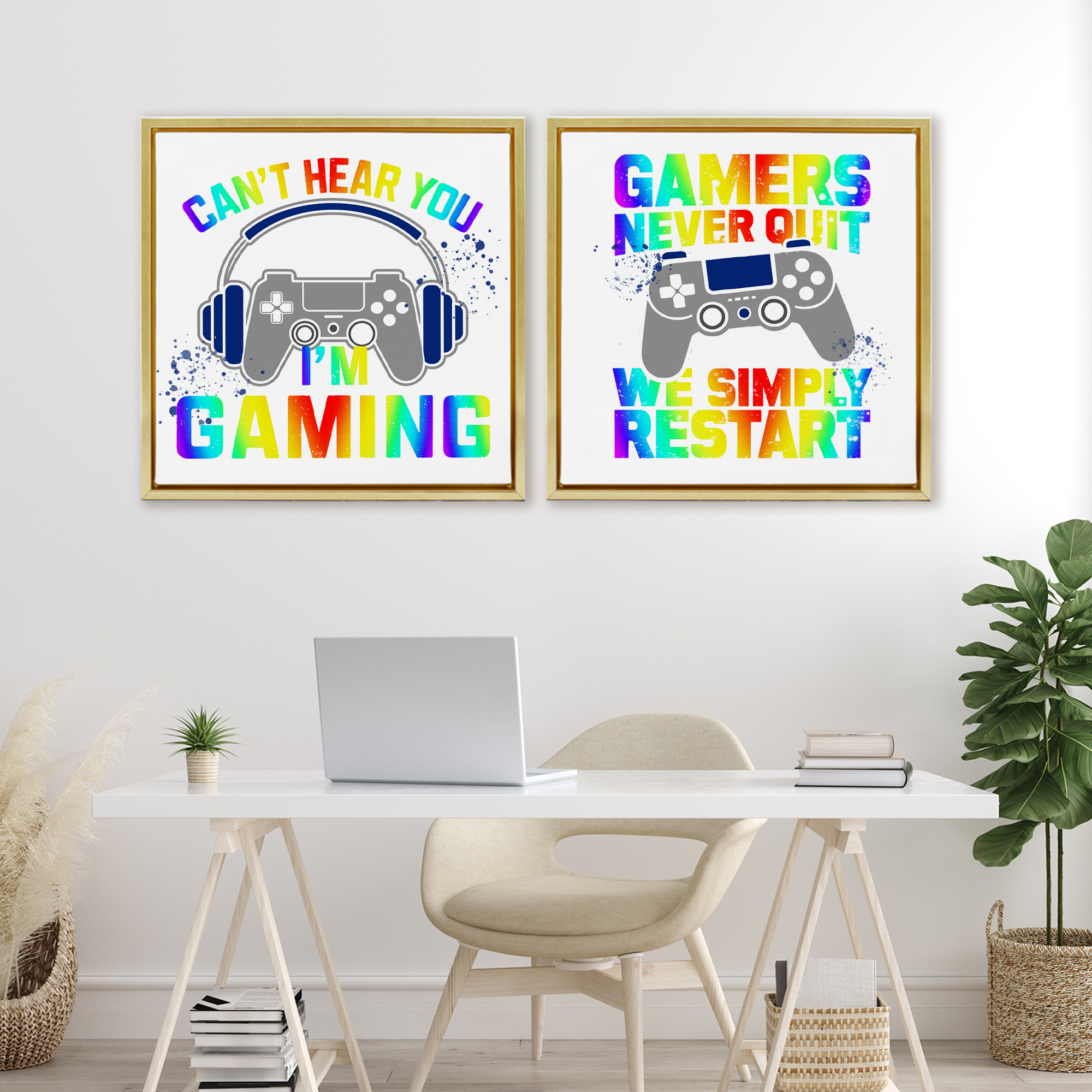 Rainbow Retro Gaming Phrases 2 Piece Gold Framed Floater Canvas Set, design by Kim Allen