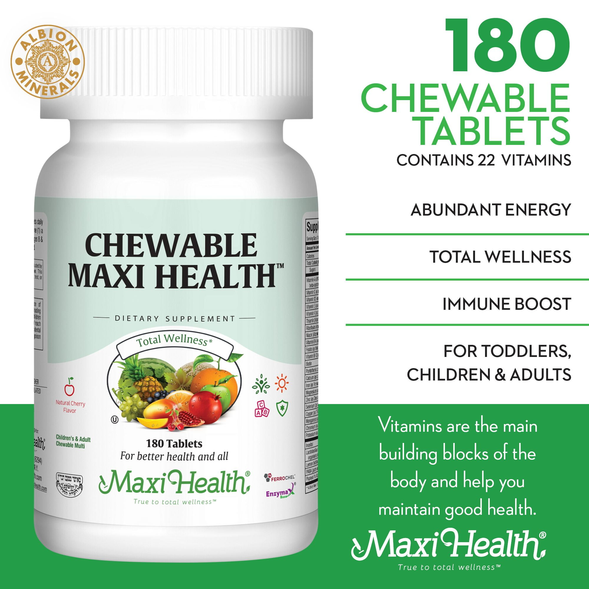 Maxi Health Chewable Multivitamin with Iron – Cherry – Kids, Teens & Adults – Immune Support – 180 Ct