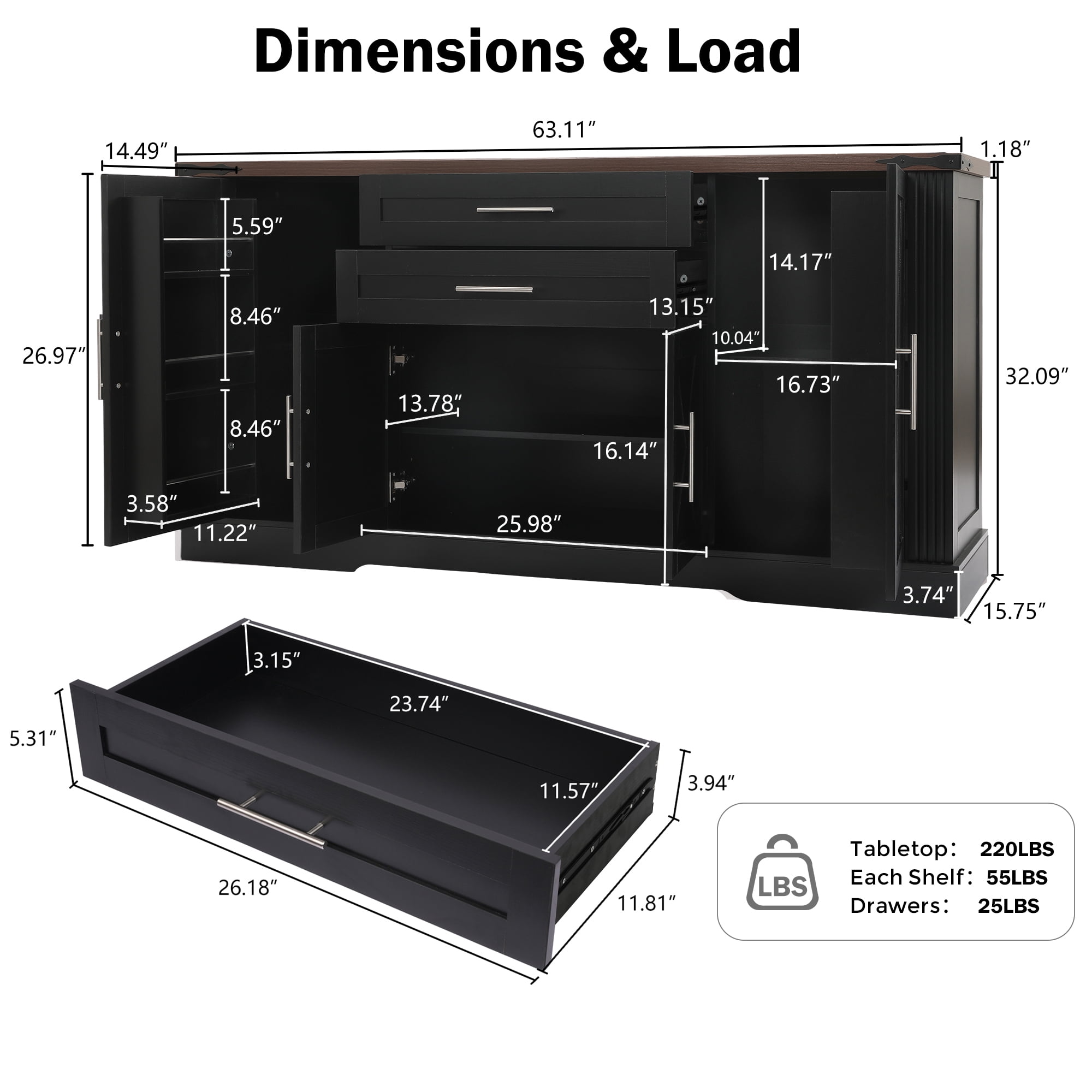Mintazer 63" Farmhouse Sideboard Buffet Cabinet with 2 Drawers & Door Rack, Modern Storage Cabinet with Adjustable Shelves for Entryway Kitchen Living Room Dining Room, Black