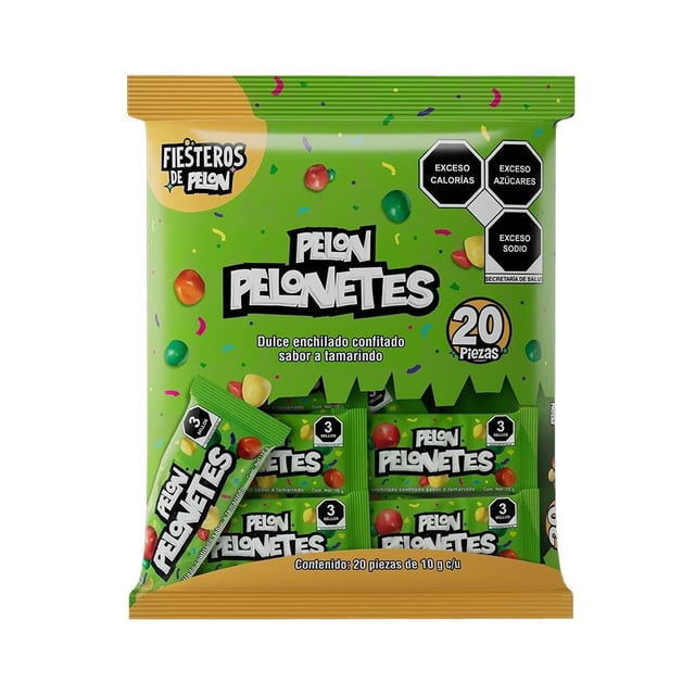 dulce enchilado pelón pelonetes sabor tamarindo 20 pzas de 10 g c/u bolsa frontal verde con 20 mini paquetes individuales; logotipo Pelón Pelonetes, texto "Dulce enchilado confitado sabor a tamarindo", diseño con confeti y frutas impresas, se muestran advertencias de exceso de calorías/azúcares/sodio; ideal para fiestas y para compartir, a menudo usado como botana en reuniones.