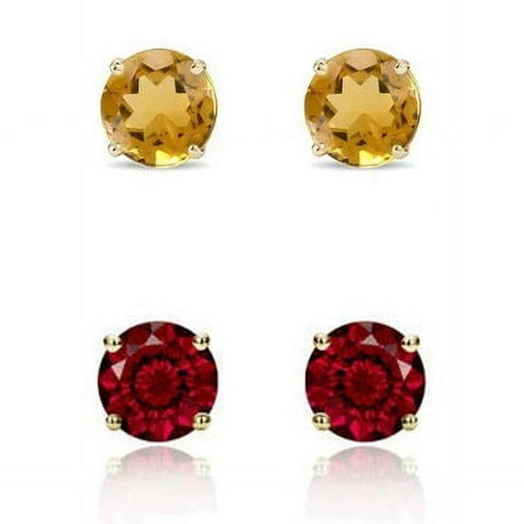 Bonjour Jewelers 18k Yellow Gold Plated 1Ct Created Citrine And Garnet 2 Pair Round Stud Earrings