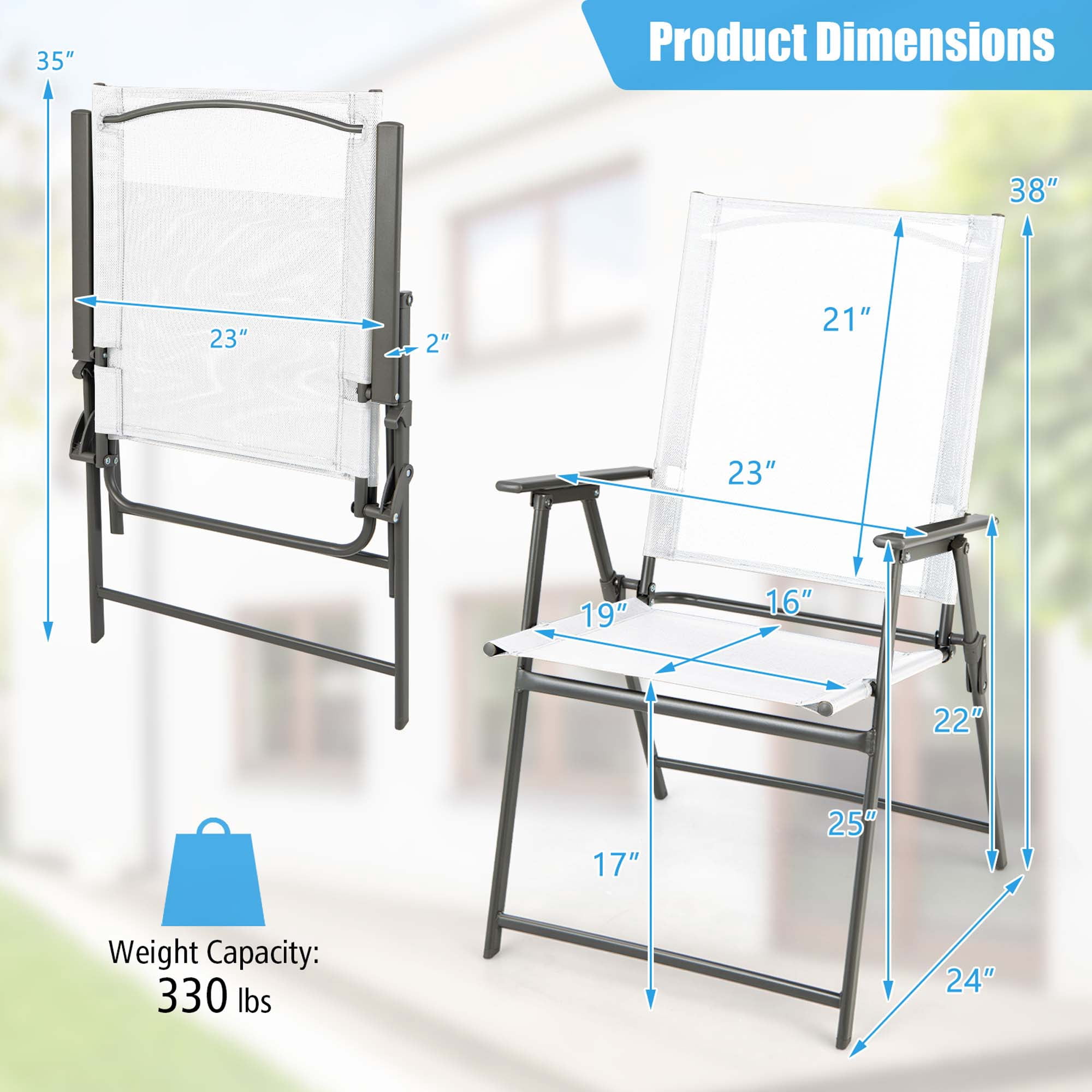 Costway 2 PCS Patio Folding Portable Dining Chairs Metal Frame Armrests Outdoor White