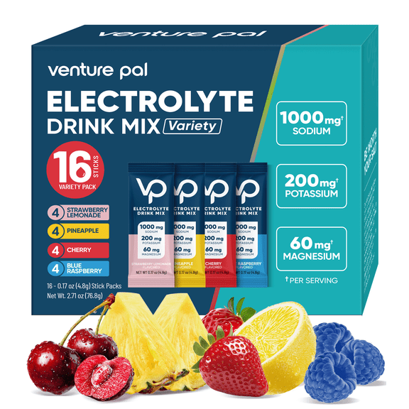 Venture Pal High Sodium Sugar Free Electrolytes Powder Packet - Hydration with Vitamin, Sodium & Potassium, Zero Calories, Vegan, Keto & Paleo Friendly Drink Mix