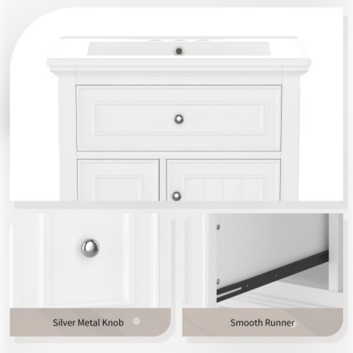 24" Bathroom Vanity with Sink, Modern Bathroom Vanity Cabinet with Flip Drawer, 2 Drawers, Adjustable Shelf, Solid Wood & MDF, White