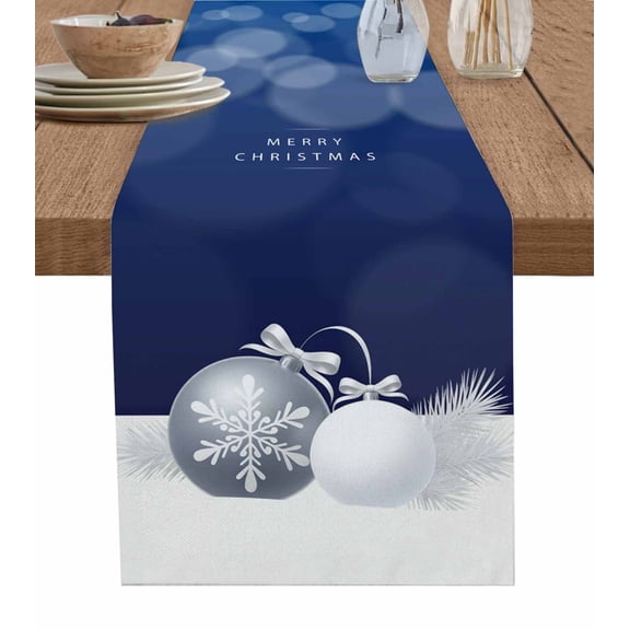 Navy Blue Christmas Table Runner 72 Inches, Xmas Balls Pine Needles Snowflakes Bed Runner Dresser Scarves Tabletop for Indoor Outdoor Parties/Ceremony/Banquet, 14" x 72"