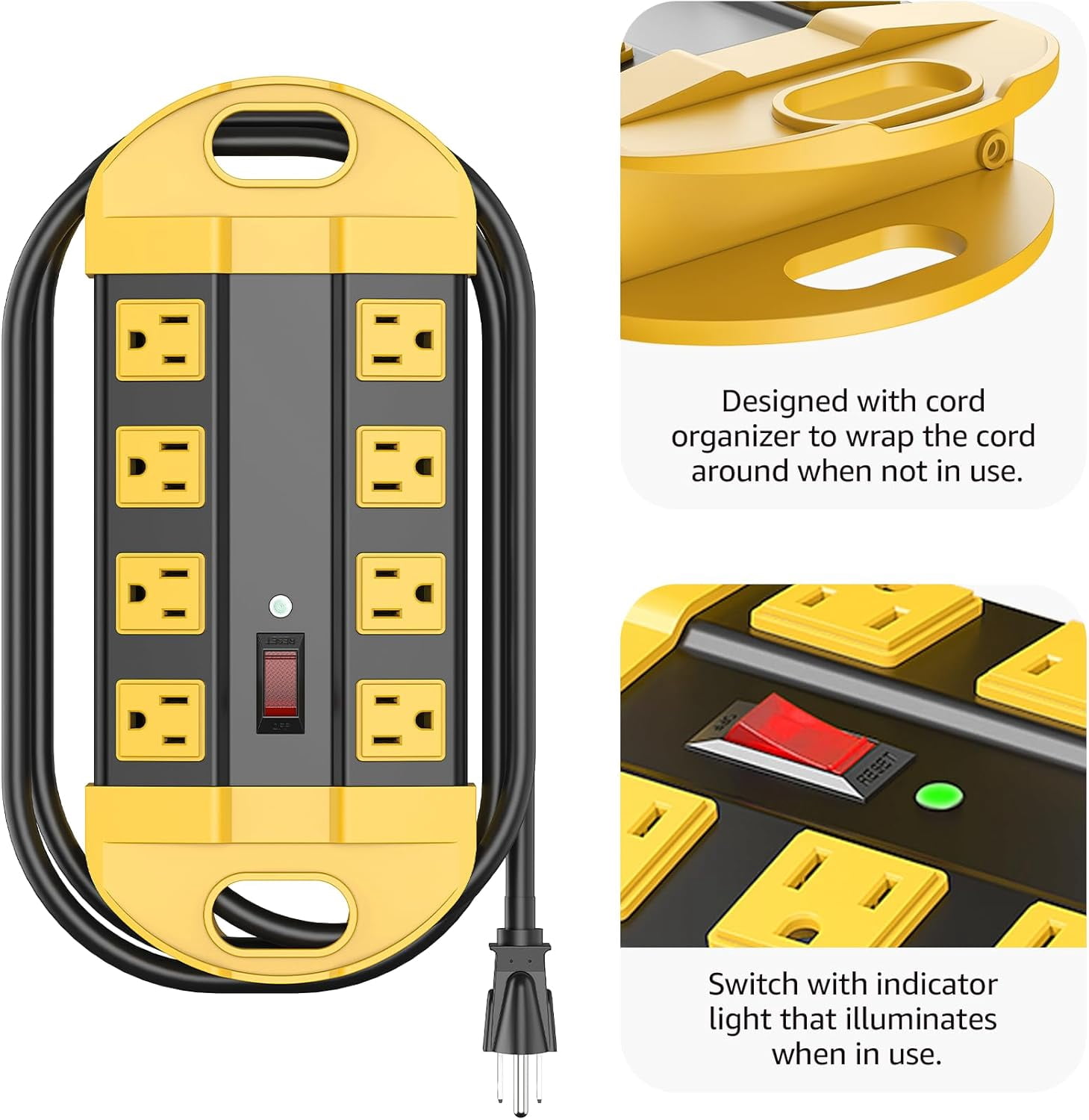 RGHJAR-Heavy Duty Power Strip Surge Protector, Metal 8 Outlets Power Strip for Appliance. Garage Shop Industrial Workbench 15 AMP Outlets Strip. 6FT Extension Cord, Yellow