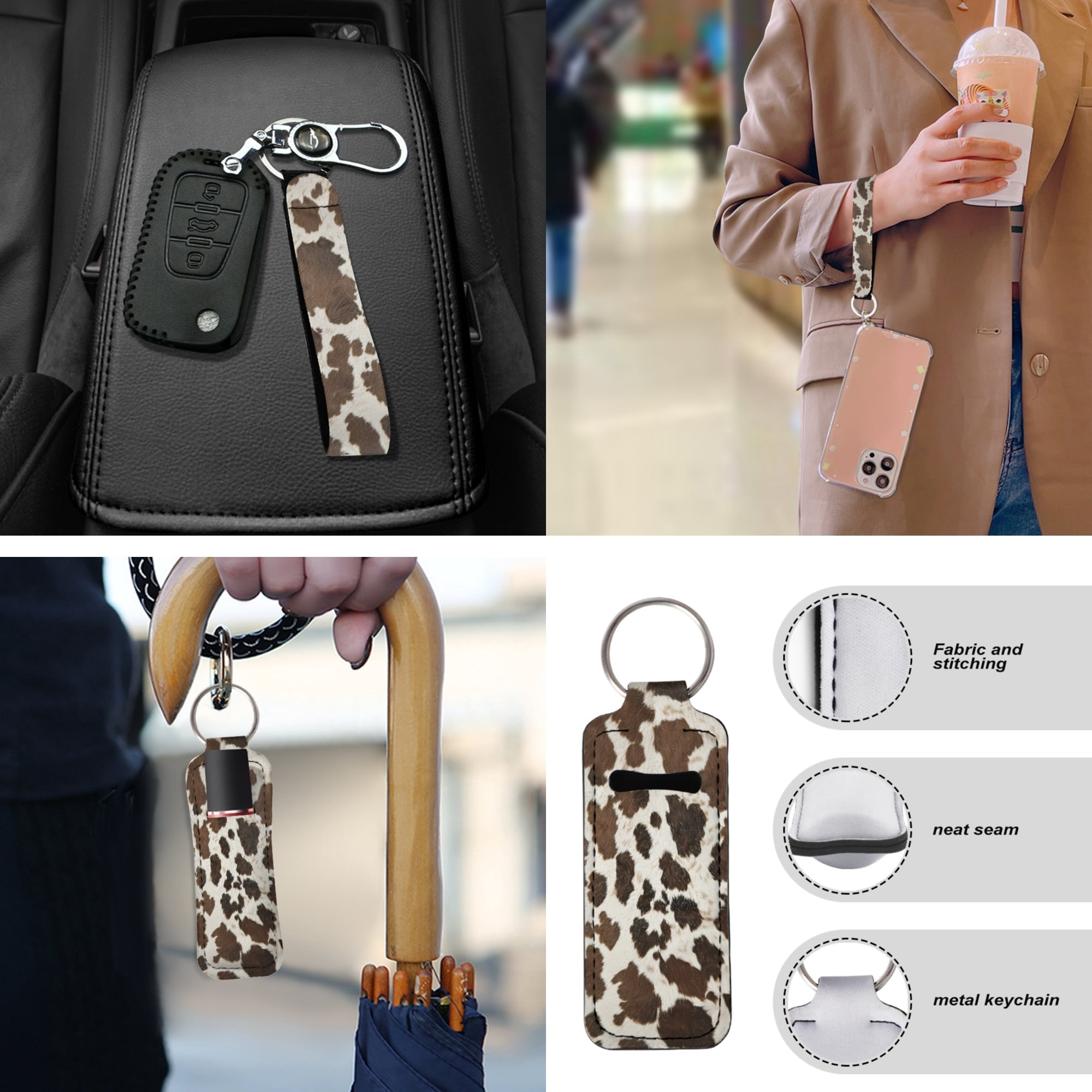 Jeiento Brown Cow Print Car Seat Covers Front Rear Split Bench Full Set Steering Wheel Seat Belt Pads Coasters Armrest Pad Keychain Chapstick Holder, 13 PCS Automobile Interior Sets