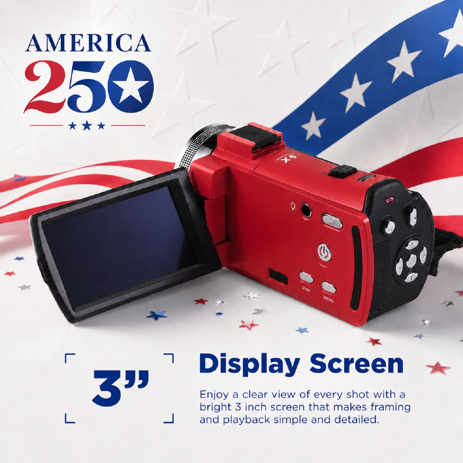 Vivitar PopCam America 250 Digital Camcorder – USA Celebration Edition, Old Glory Red, 48MP, Full HD 1080P Video, 3" Flip Screen, 16X Digital Zoom Camcorder with Built-in Mic for Vlogging & Travel