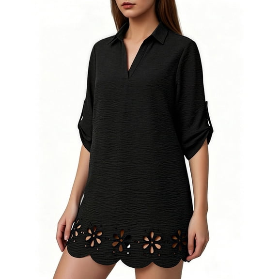 Staron Summer Beach Cover Up Dress for Women V-Neck Long Sleeve Button Down Casual Vacation Sundress, Black L